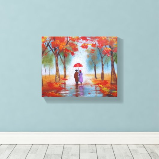 Een paar lopen in een regenachtige herfstdag in he canvas afdruk (Insitu (Houten vloer))