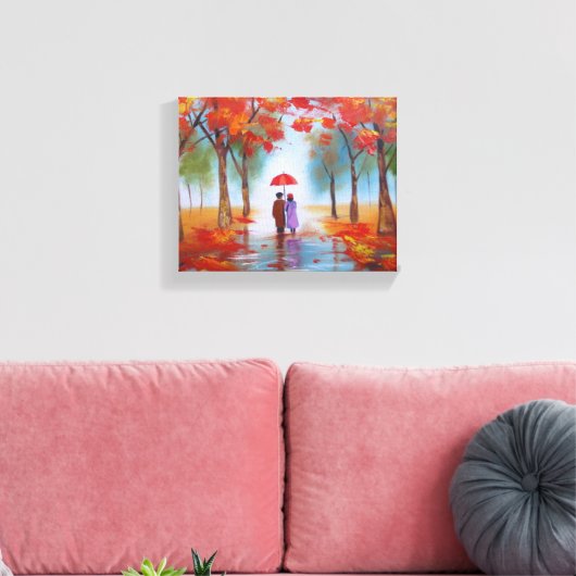 Een paar lopen in een regenachtige herfstdag in he canvas afdruk (Insitu (Woonkamer))