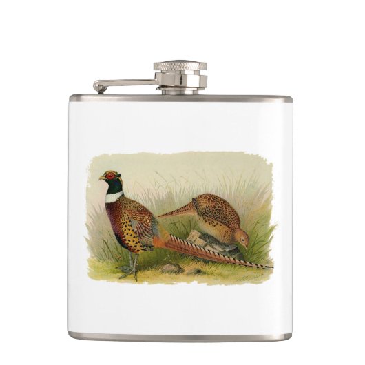 Een paar met Ring verbonden fazanten in een grijs  Heupfles (Voorkant)