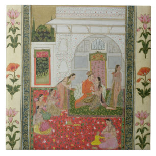 Een paar met vrouwen begeleiders en muzikanten tegeltje