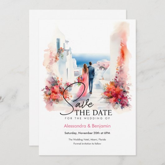 Een paar op bruiloft | Grieks thema | Datum opslaa Kaart (Voorkant / Achterkant)