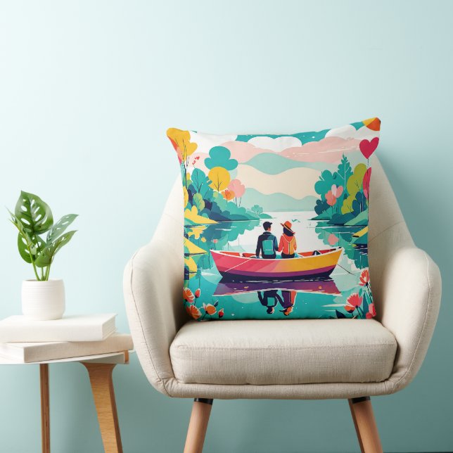 Een paar op een boot in een meer - Sierkussen (Stoel)