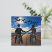 Een paar rijdende motorfietsen op een zonnige brui save the date (Staand voorkant)