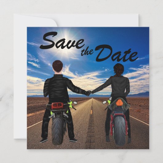 Een paar rijdende motorfietsen op een zonnige brui save the date (Voorkant)