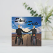 Een paar rijdende motorfietsen op een zonnige brui save the date (Staand voorkant)