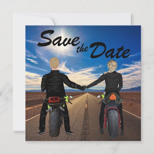 Een paar rijdende motorfietsen op een zonnige brui save the date (Voorkant)