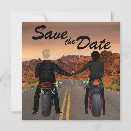 Een paar rijdende motorfietsen op het Rocky Highwa Save The Date (Voorkant)