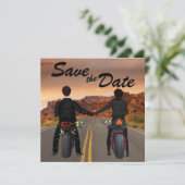 Een paar rijdende motorfietsen op het Rocky Highwa Save The Date (Staand voorkant)