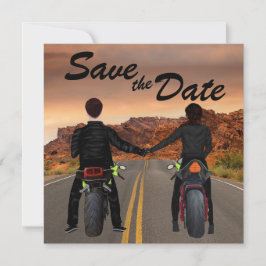 Een paar rijdende motorfietsen op het Rocky Highwa Save The Date