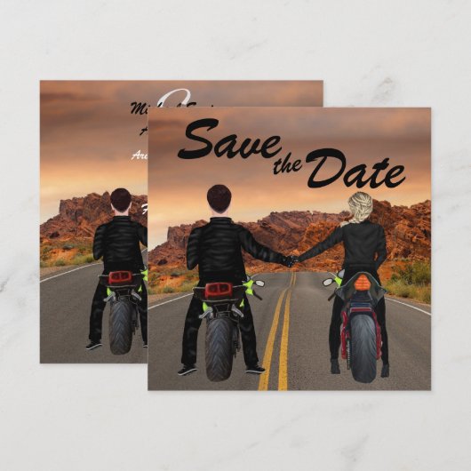 Een paar rijdende motorfietsen op het Rocky Highwa Save The Date (Voorkant / Achterkant)