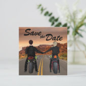 Een paar rijdende motorfietsen op het Rocky Highwa Save The Date (Staand voorkant)