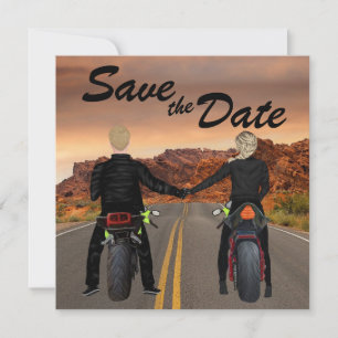 Een paar rijdende motorfietsen op het Rocky Highwa Save The Date