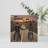 Een paar rijdende motorfietsen op het Sunset Wedde Save The Date (Staand voorkant)