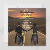 Een paar rijdende motorfietsen op het Sunset Wedde Save The Date (Achterkant)