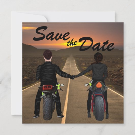 Een paar rijdende motorfietsen op het Sunset Wedde Save The Date (Voorkant)