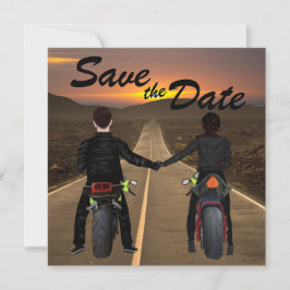 Een paar rijdende motorfietsen op het Sunset Wedde Save The Date