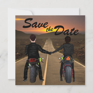 Een paar rijdende motorfietsen op het Sunset Wedde Save The Date