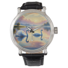Een paar zwanen glijden op een sereen meer horloge