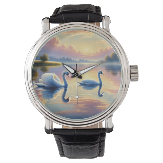 Een paar zwanen glijden op een sereen meer horloge (Voorkant)
