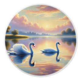 Een paar zwanen glijden op een sereen meer keramische knop