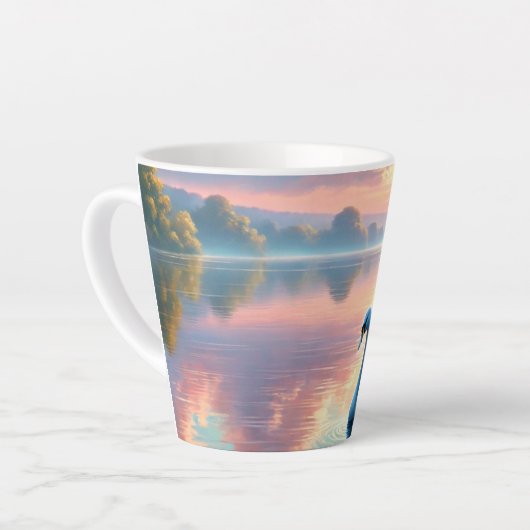 Een paar zwanen glijden op een sereen meer latte mok (Linkerhoek)