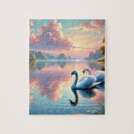 Een paar zwanen glijden op een sereen meer legpuzzel