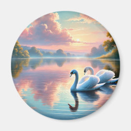 Een paar zwanen glijden op een sereen meer magneet