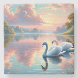 Een paar zwanen glijden op een sereen meer stenen onderzetter