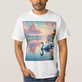 Een paar zwanen glijden op een sereen meer t-shirt