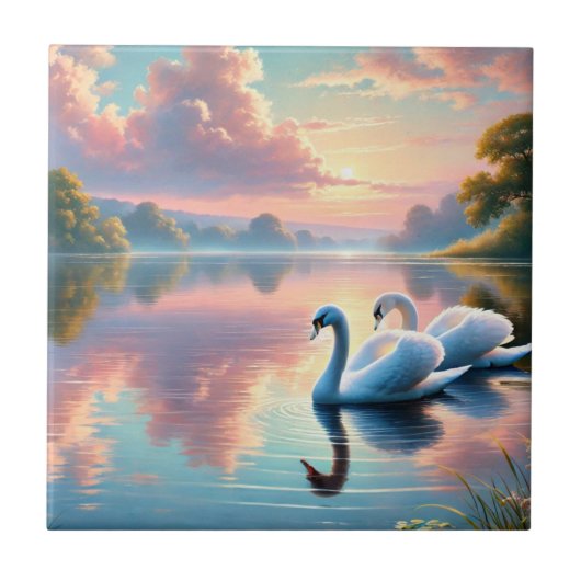 Een paar zwanen glijden op een sereen meer tegeltje (Voorkant)