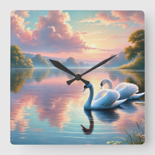Een paar zwanen glijden op een sereen meer vierkante klok (Voorkant)
