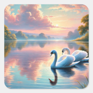 Een paar zwanen glijden op een sereen meer vierkante sticker