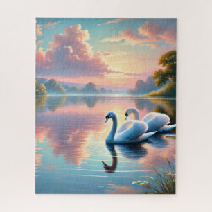 Een paar zwanen glijden over een serene meer legpuzzel