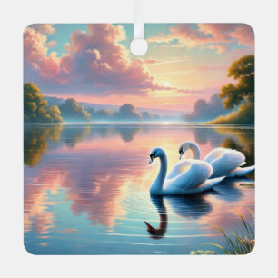 Een paar zwanen glijden over een serene meer metalen ornament