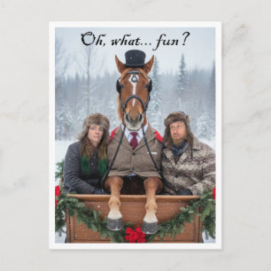 Een paard open slee Kerstkaart met woordgrap Feestdagenkaart