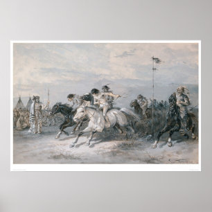 Een paardenras in een Sioux Indiaas kamp (0603A) Poster
