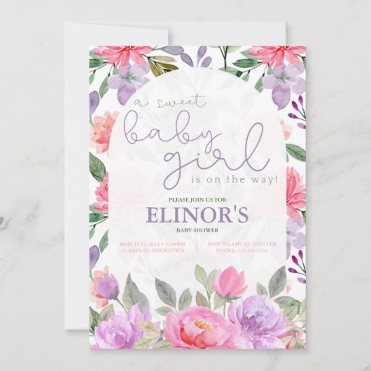 Een Paars meisje met een snoepje en een roze Baby  Kaart (Voorkant)