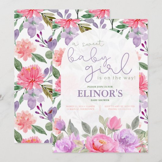 Een Paars meisje met een snoepje en een roze Baby Kaart (Voorkant / Achterkant)