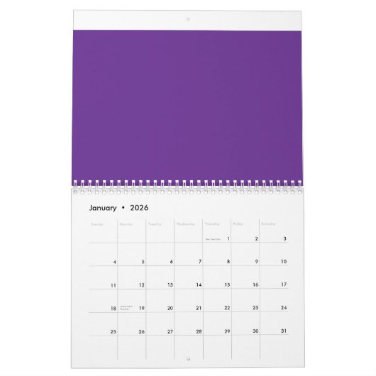 Een paarse achtergrond met een witte rand kalender (Jan 2026)