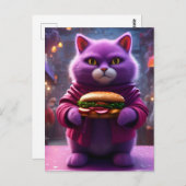 Een Paarse kat met een cheeseburger Briefkaart (Voorkant / Achterkant)