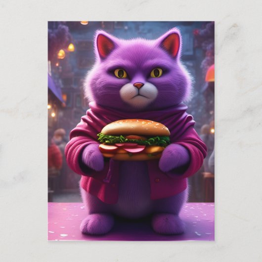 Een Paarse kat met een cheeseburger Briefkaart (Voorkant)