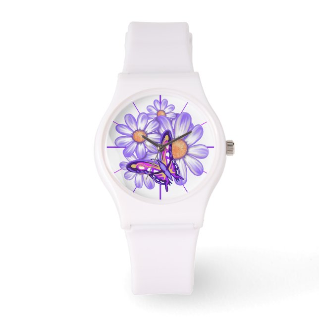 Een paarse paradijselijke daisy / vlinder horloge (Voorkant)