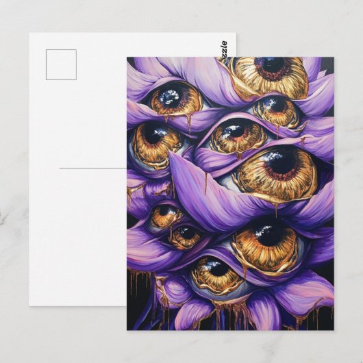 Een Paarse surrealistische bloem met gouden oogbol Briefkaart (Voorkant / Achterkant)
