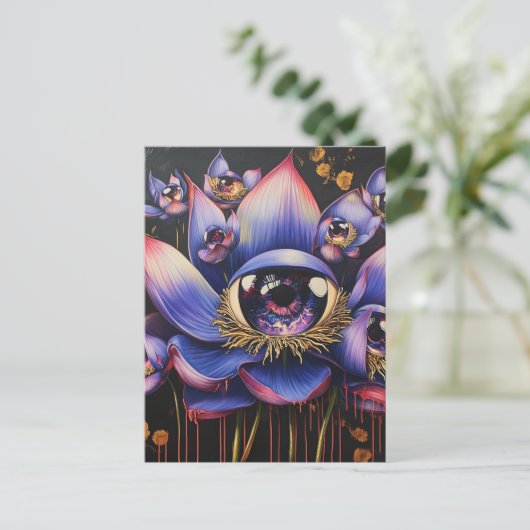 Een Paarse surrealistische bloem met oogbollen Briefkaart (Staand voorkant)