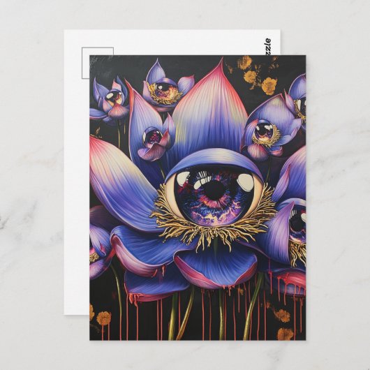 Een Paarse surrealistische bloem met oogbollen Briefkaart (Voorkant / Achterkant)