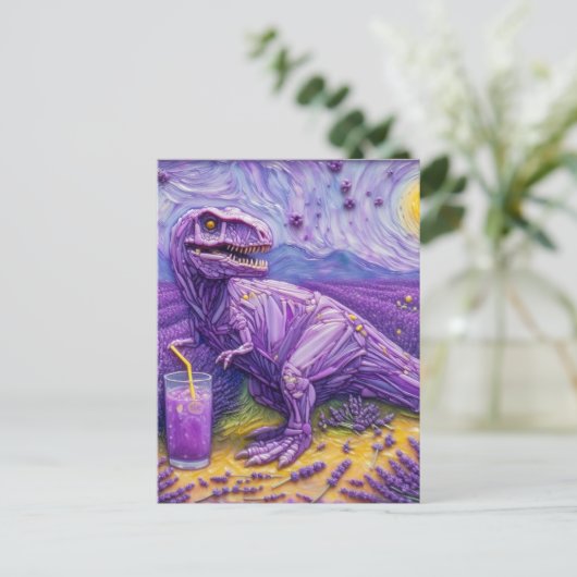 Een paarse T-Rex met lavendellimonade Briefkaart (Staand voorkant)