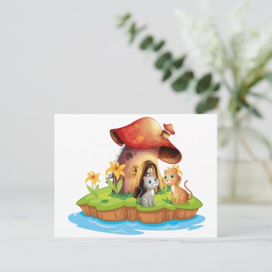 Een paddenstoel met twee katten briefkaart (Staand voorkant)