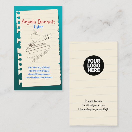 Een pagina Doodle Tutor Turquoise Visitekaartje (Voorkant / Achterkant)