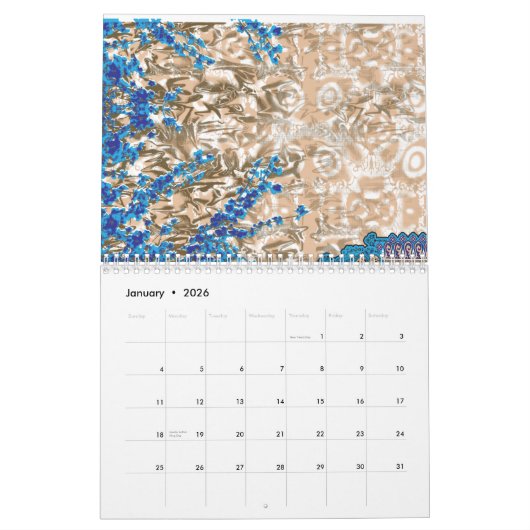 Een paisleymotief in blauw en bruin, display kalender (Jan 2026)