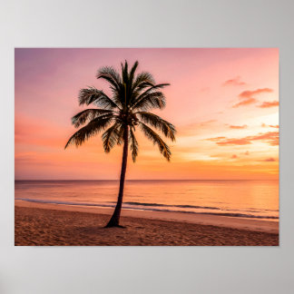 Een palmboom staat alleen op het strand bij zonson poster